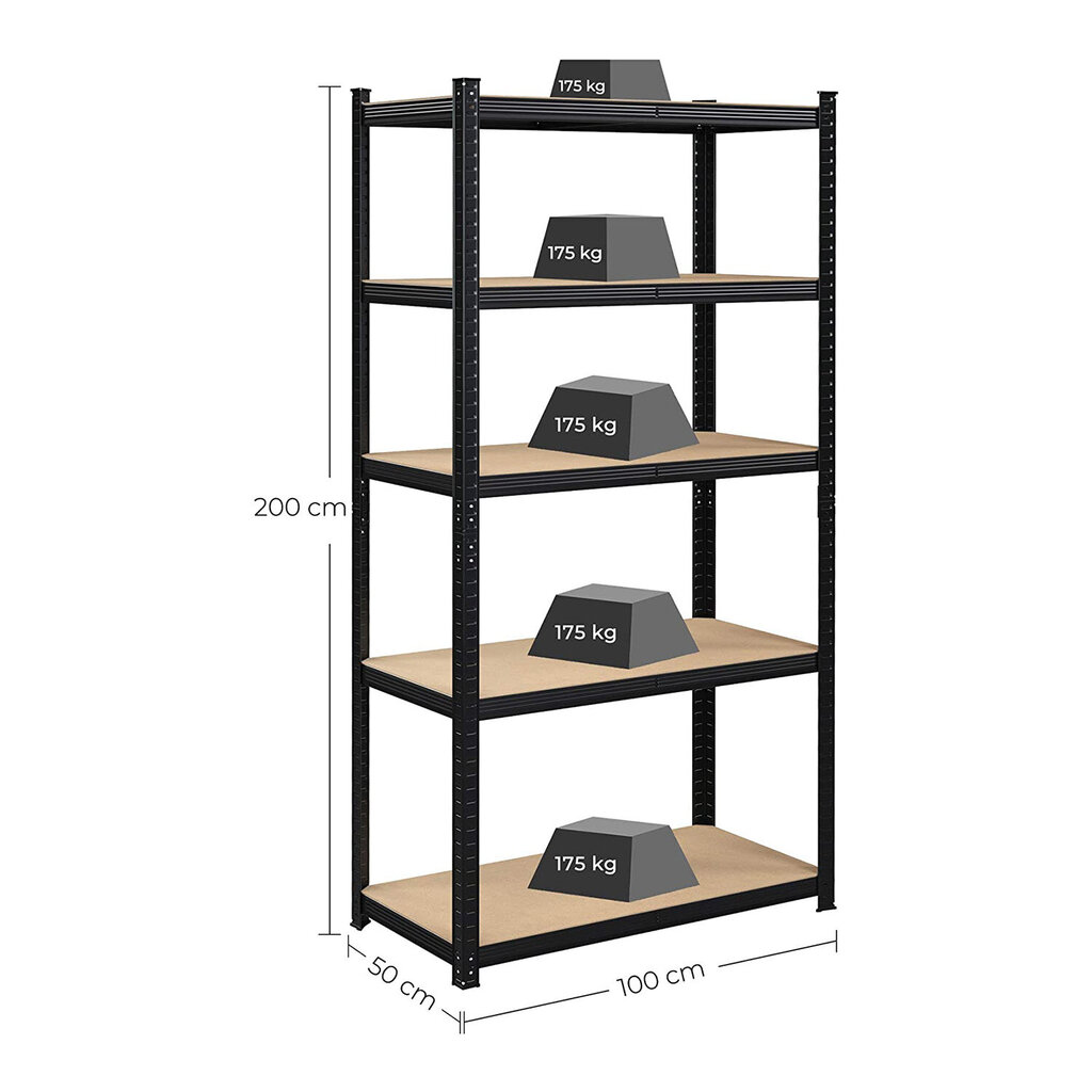 Komplektā 2 glabāšanas plaukti, 200 x 100 x 50 cm., melns cena un informācija | Saimniecības plaukti | 220.lv