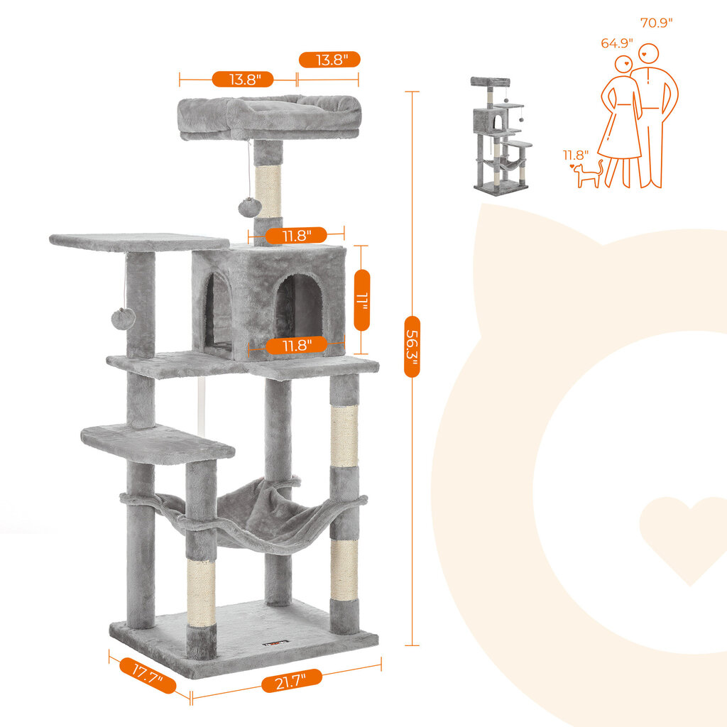 Skrāpju māja ar šūpuļtīklu 143 cm., gaiši pelēkā krāsā cena un informācija | Kaķu mājas, nagu asināmie | 220.lv