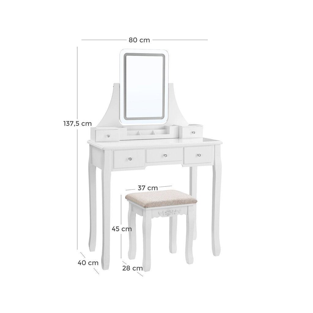 Tualetes galdiņš ar LED apgaismojumu (3 krāsas) un spoguli Balts cena un informācija | Kosmētikas galdiņi | 220.lv