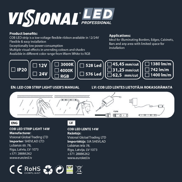 COB LED LENTE 12V / 14W/m / 4000K / NW - neitrāli balta / 1400 LM/m / CRI >97 / DIMMABLE / IP20 / VISIONAL PROFESSIONAL / 5m iepakojumā cena un informācija | LED lentes | 220.lv