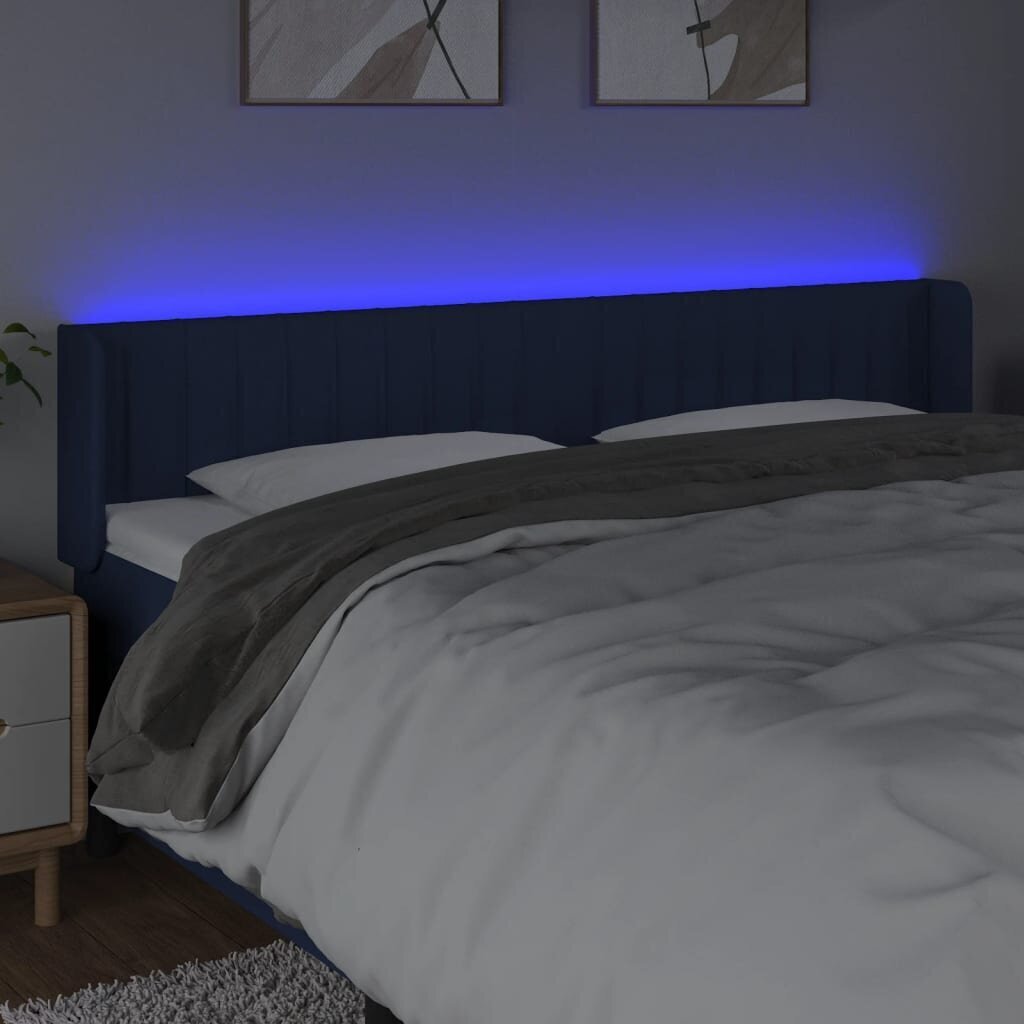 vidaXL gultas galvgalis ar LED, 183x16x78/88 cm, zils audums cena un informācija | Gultas | 220.lv