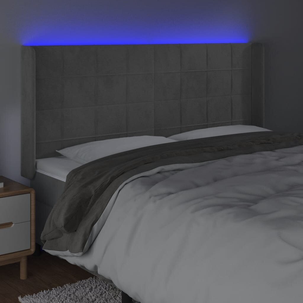 vidaXL gultas galvgalis ar LED, 203x16x118/128 cm, gaiši pelēks samts cena un informācija | Gultas | 220.lv