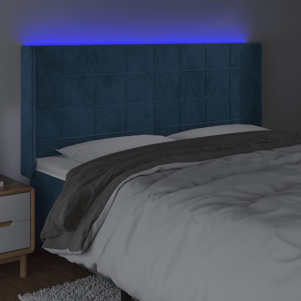 vidaXL gultas galvgalis ar LED, 203x16x118/128 cm, tumši zils samts цена и информация | Gultas | 220.lv
