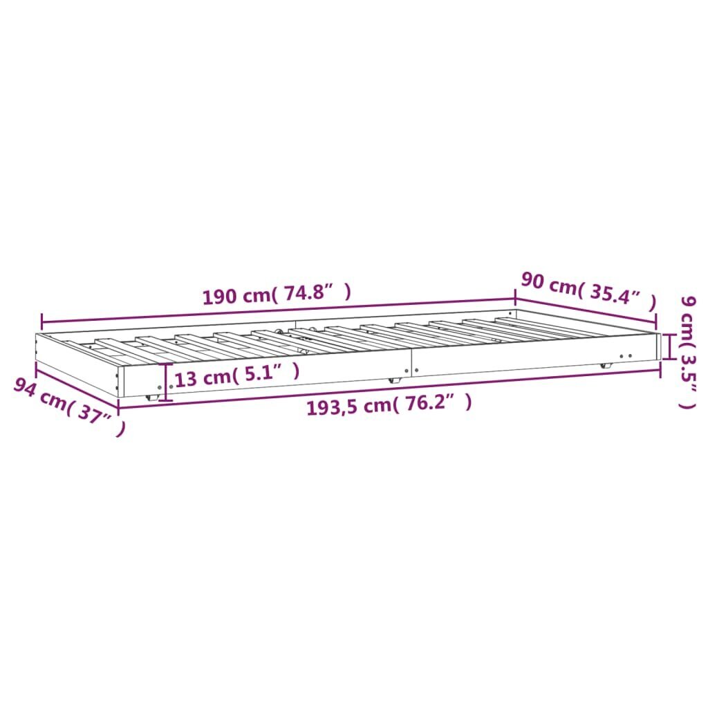 vidaXL gultas rāmis, melns, 90x190 cm, priedes masīvkoks cena un informācija | Gultas | 220.lv