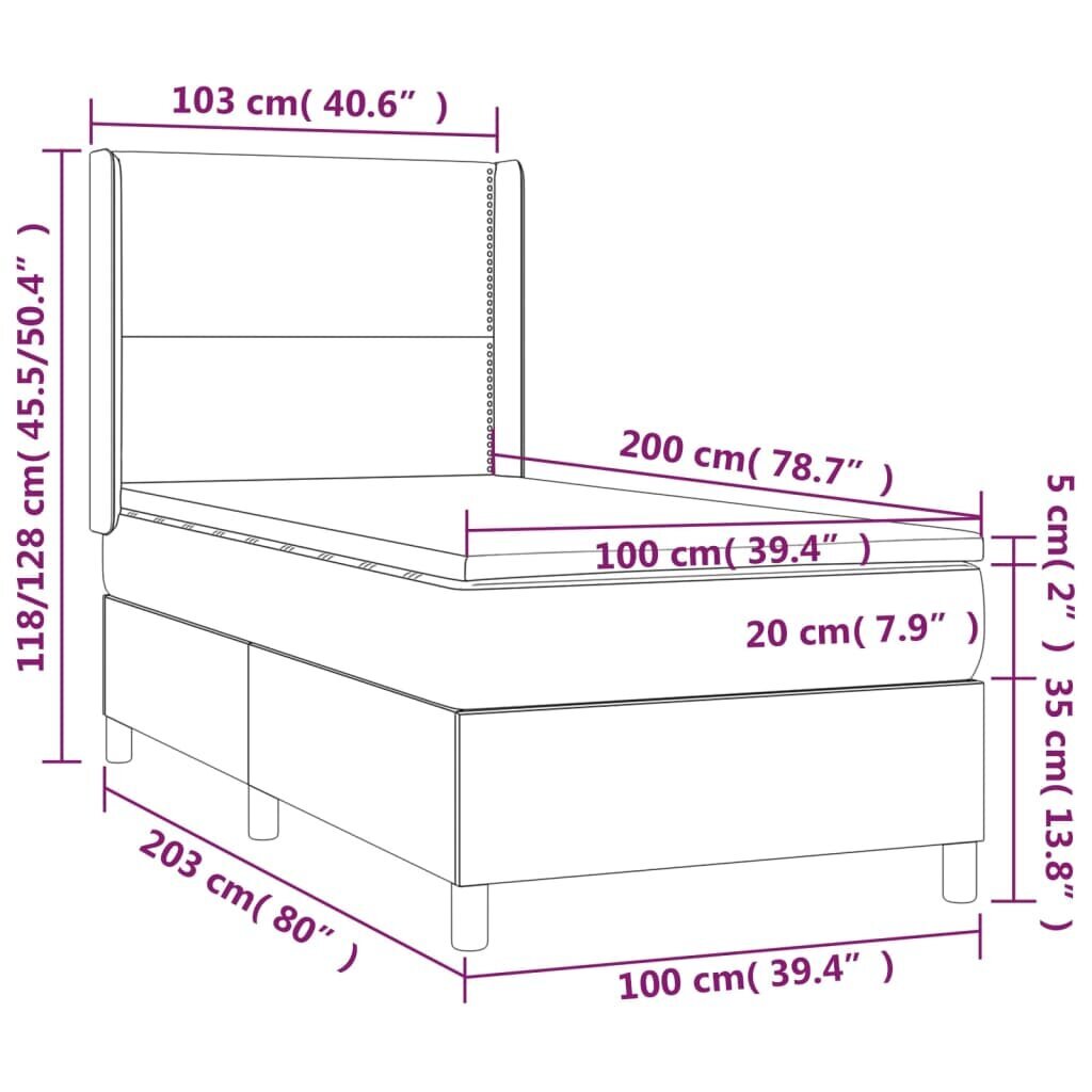 vidaXL atsperu gulta ar matraci, LED, gaiši pelēks samts, 100x200 cm цена и информация | Gultas | 220.lv