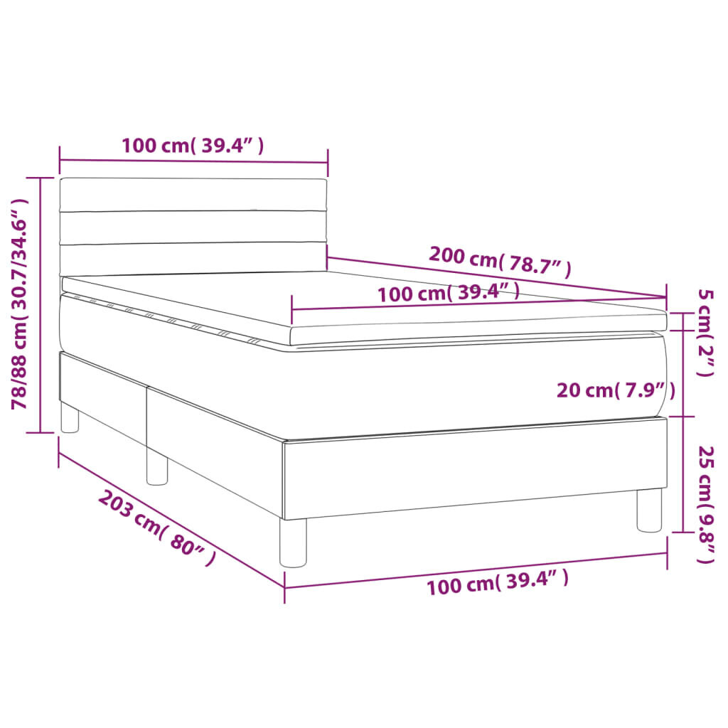 vidaXL atsperu gulta ar matraci, LED, melns audums, 100x200 cm cena un informācija | Gultas | 220.lv