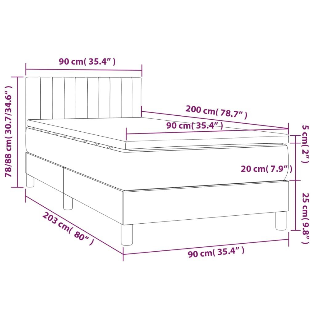 vidaXL atsperu gulta ar matraci, LED, gaiši pelēks samts, 90x200 cm cena un informācija | Gultas | 220.lv