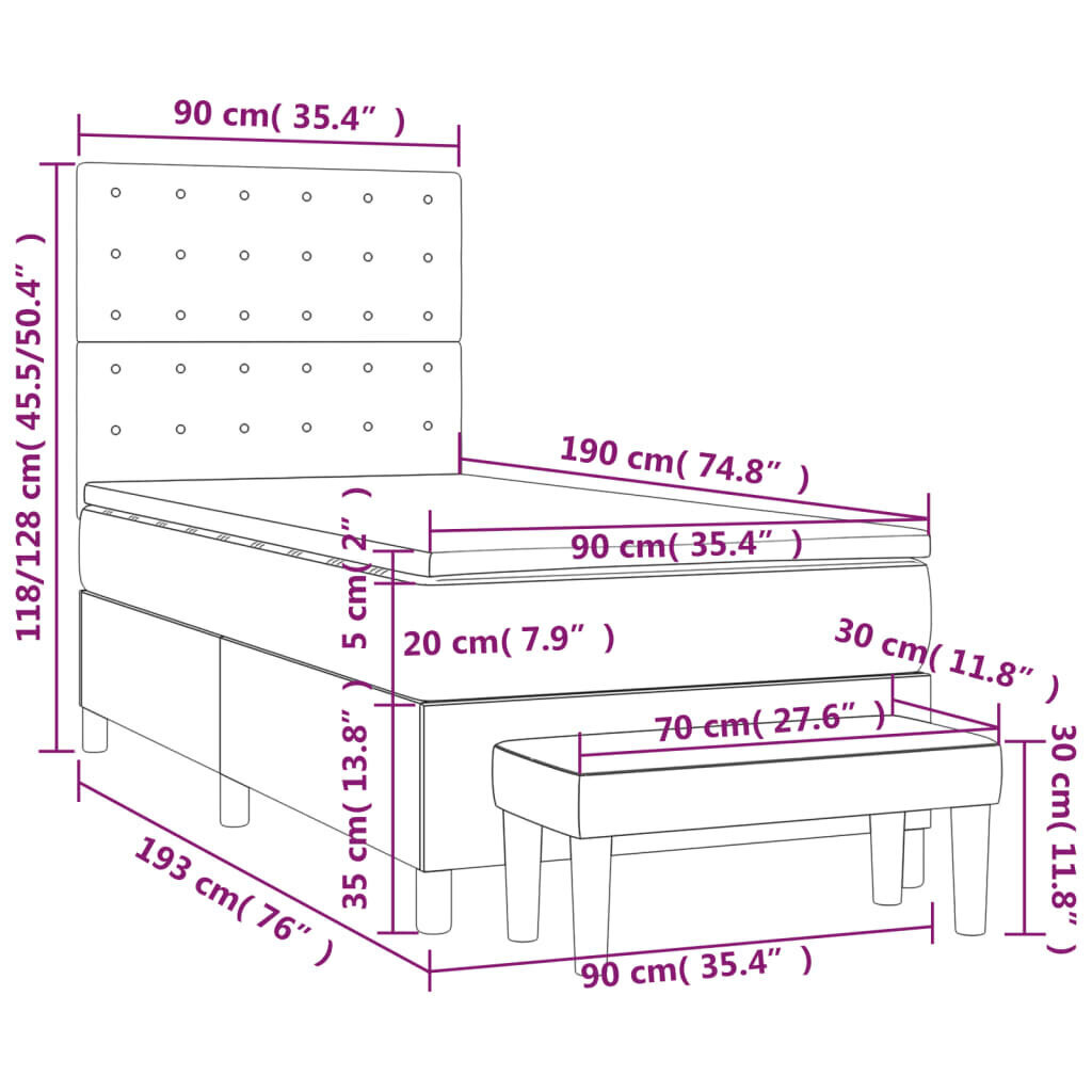 vidaXL atsperu gulta ar matraci, tumši pelēka, 90x190 cm, audums cena un informācija | Gultas | 220.lv