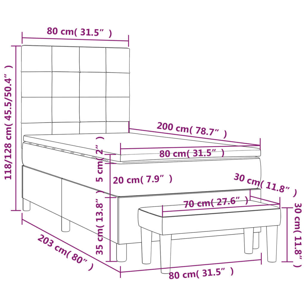 vidaXL atsperu gultas rāmis ar matraci, melna, 80x200 cm, audums cena un informācija | Gultas | 220.lv