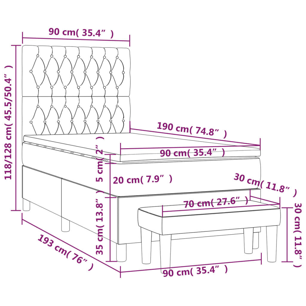 vidaXL atsperu gulta ar matraci, tumši pelēka, 90x190 cm, audums cena un informācija | Gultas | 220.lv