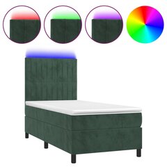 vidaXL atsperu gulta ar matraci, LED, tumši zaļš samts, 90x200 cm cena un informācija | Gultas | 220.lv