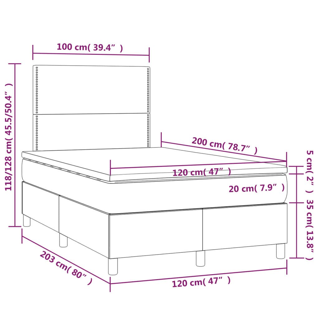 vidaXL atsperu gulta ar matraci, LED, rozā samts, 120x200 cm цена и информация | Gultas | 220.lv