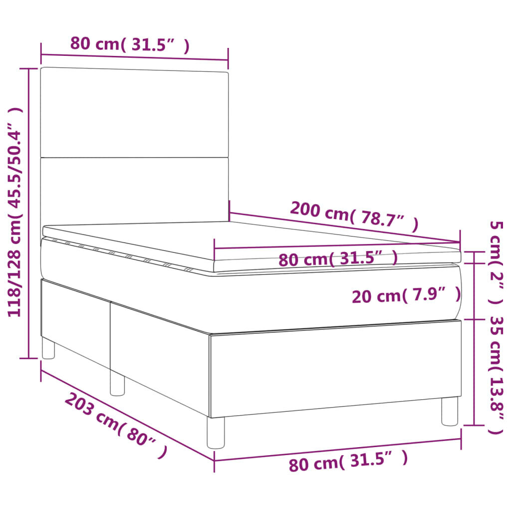 vidaXL atsperu gulta ar matraci, LED, rozā samts, 80x200 cm cena un informācija | Gultas | 220.lv