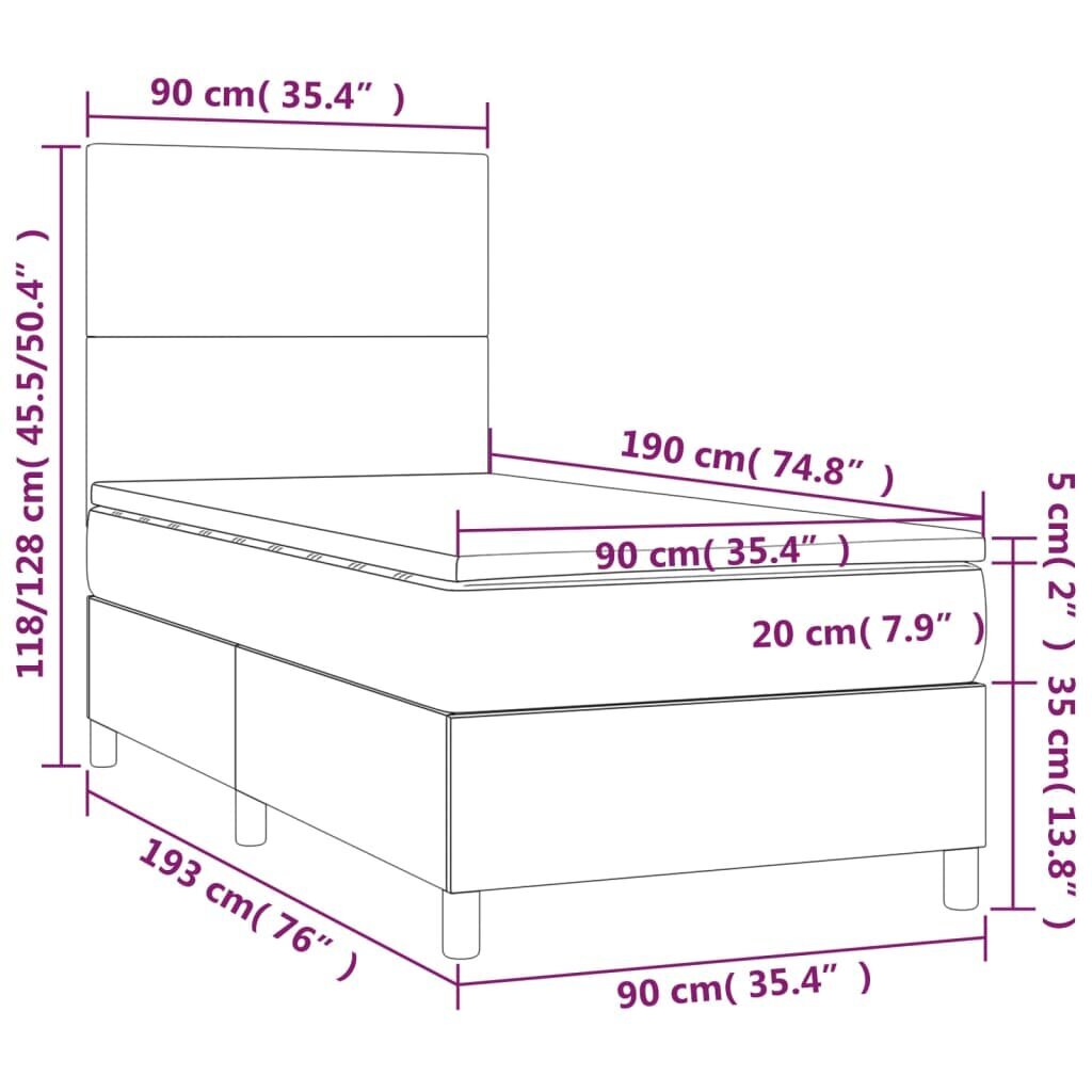 vidaXL atsperu gulta ar matraci, LED, tumši zaļš samts, 90x190 cm cena un informācija | Gultas | 220.lv