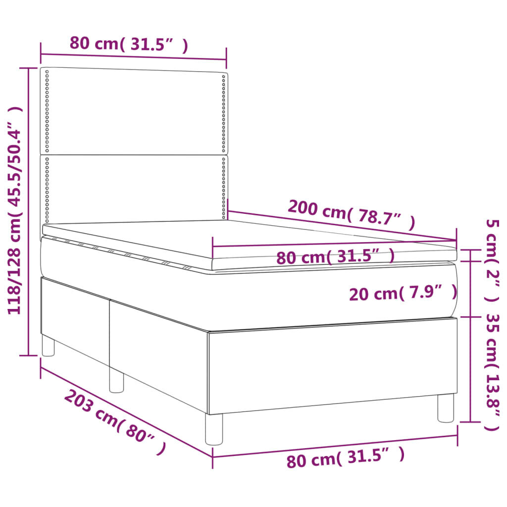 vidaXL atsperu gulta ar matraci, LED, rozā samts, 80x200 cm cena un informācija | Gultas | 220.lv