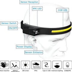 LED priekšējais lukturis ar vispusīgu indukcijas 230° apgaismojumu, 350 lūmeni, C tipa uzlādējams galvas lukturis, balta/sarkana gaisma IPX4 cena un informācija | Nav norādīts Tūrisma piederumi | 220.lv