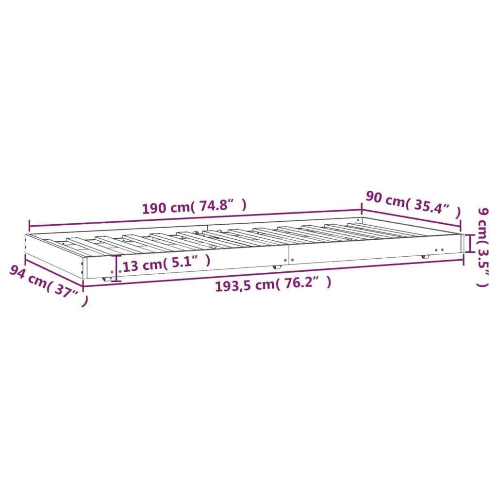 vidaXL gultas rāmis, balts, 90x190 cm, priedes masīvkoks cena un informācija | Gultas | 220.lv