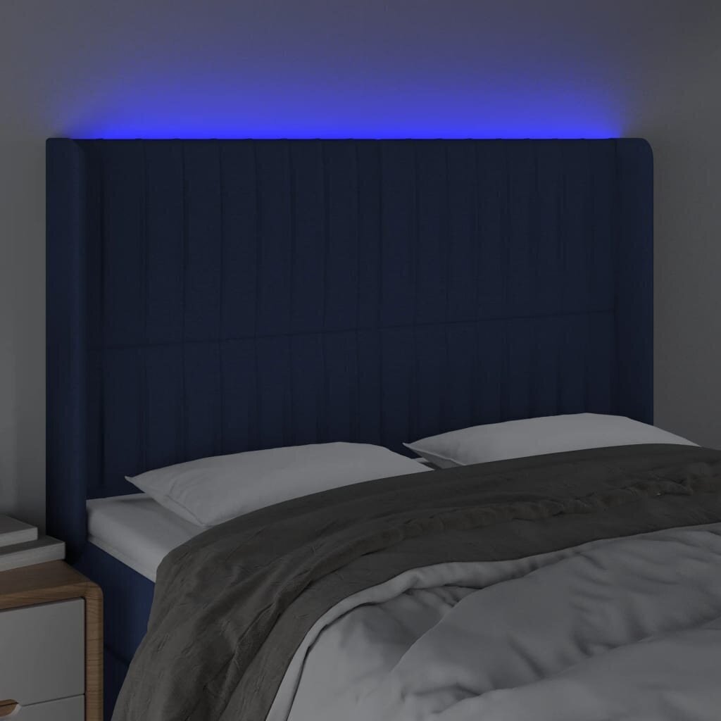 vidaXL gultas galvgalis ar LED, 147x16x118/128 cm, zils audums цена и информация | Gultas | 220.lv