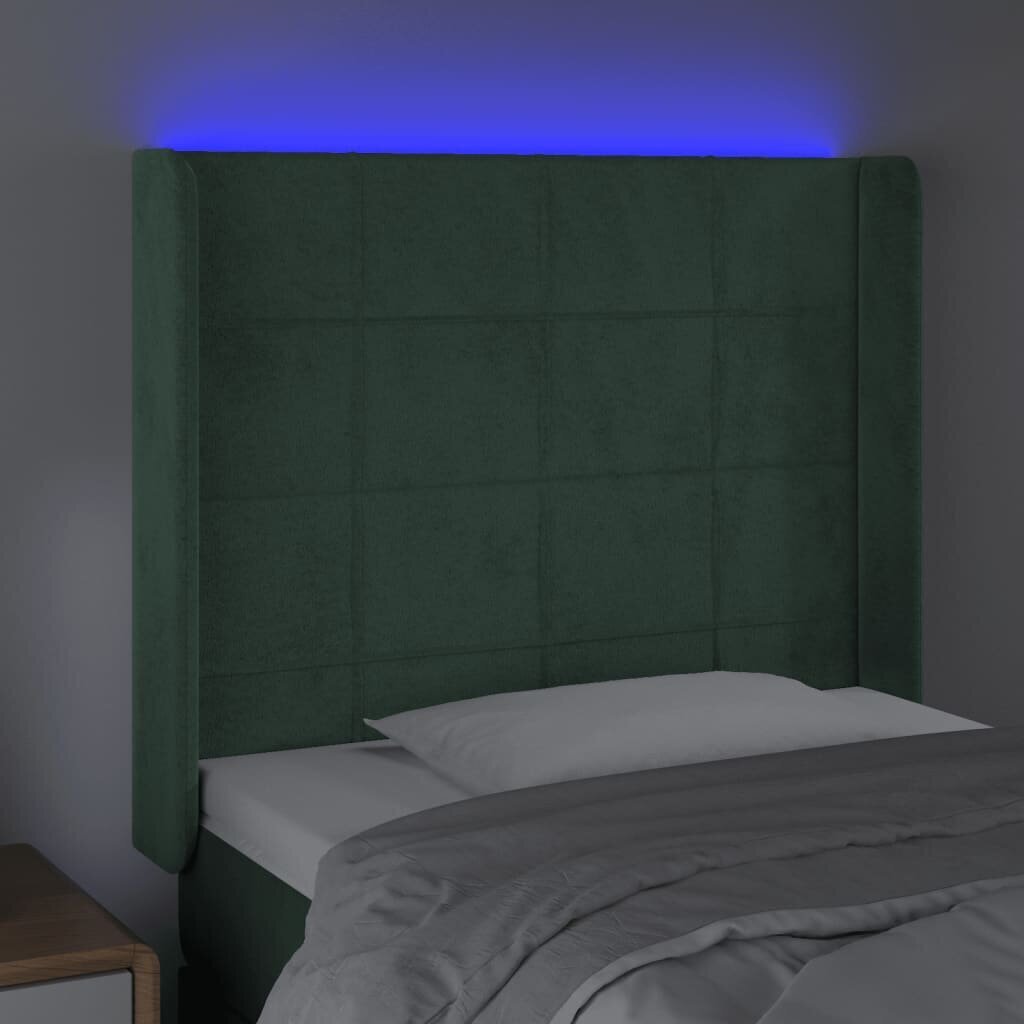 vidaXL gultas galvgalis ar LED, 103x16x118/128 cm, tumši zaļš samts цена и информация | Gultas | 220.lv