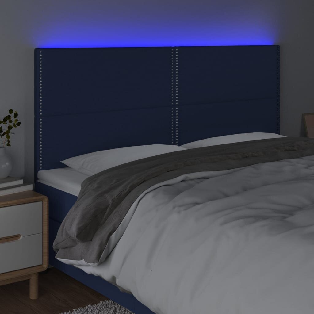 vidaXL gultas galvgalis ar LED, 180x5x118/128 cm, zils audums cena un informācija | Gultas | 220.lv