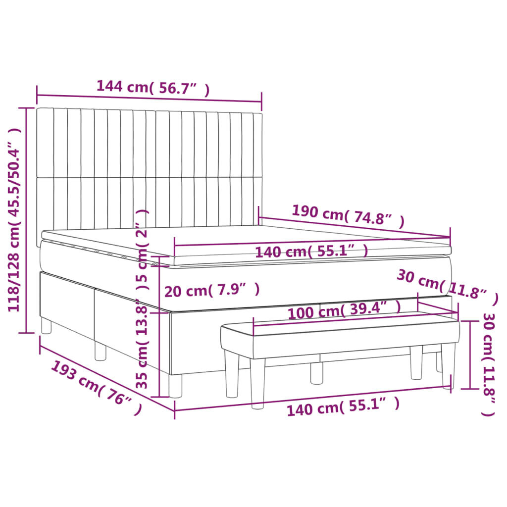 vidaXL atsperu gulta ar matraci, melns audums, 140x190 cm цена и информация | Gultas | 220.lv