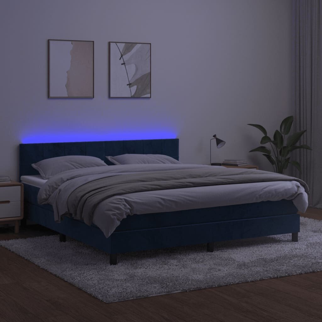vidaXL atsperu gulta ar matraci, LED, tumši zils samts, 180x200 cm cena un informācija | Gultas | 220.lv