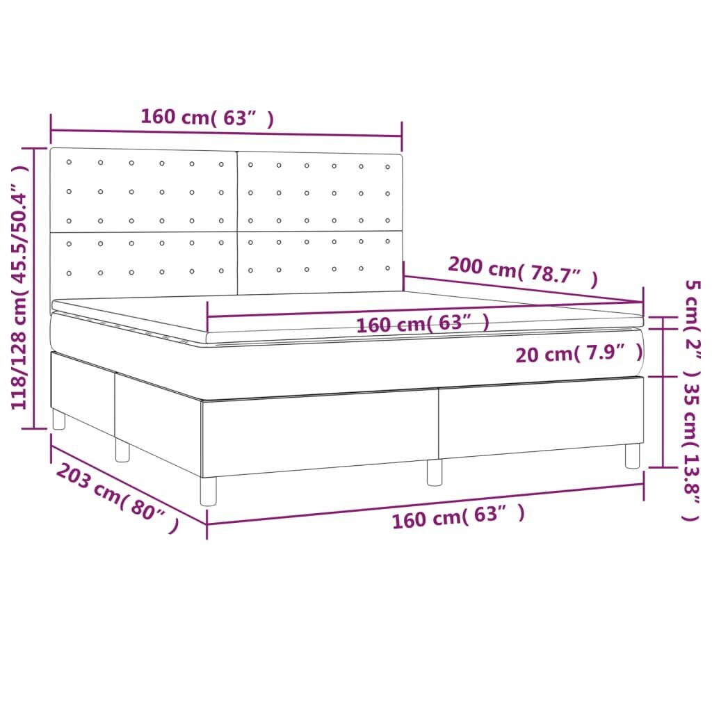 vidaXL atsperu gulta ar matraci, LED, melns audums, 160x200 cm цена и информация | Gultas | 220.lv