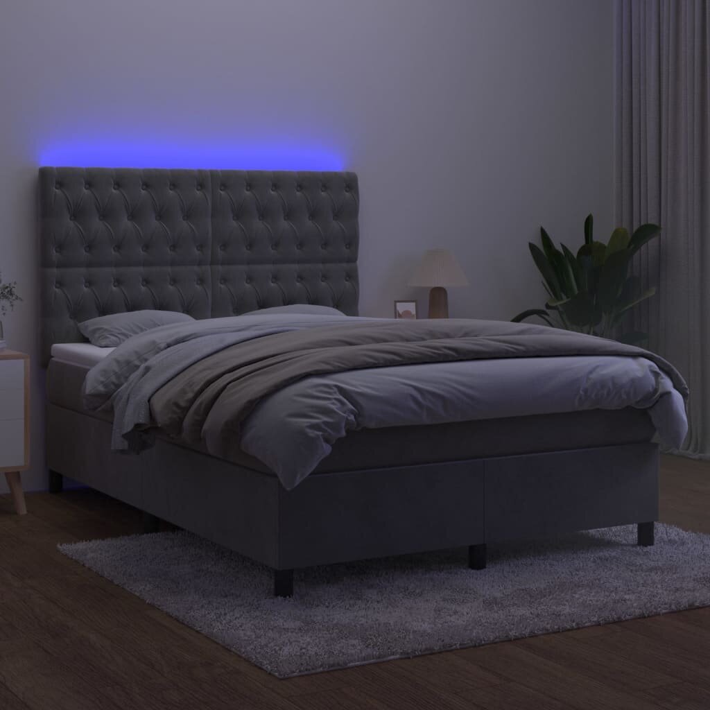 vidaXL atsperu gulta ar matraci, LED, gaiši pelēks samts, 140x190 cm cena un informācija | Gultas | 220.lv