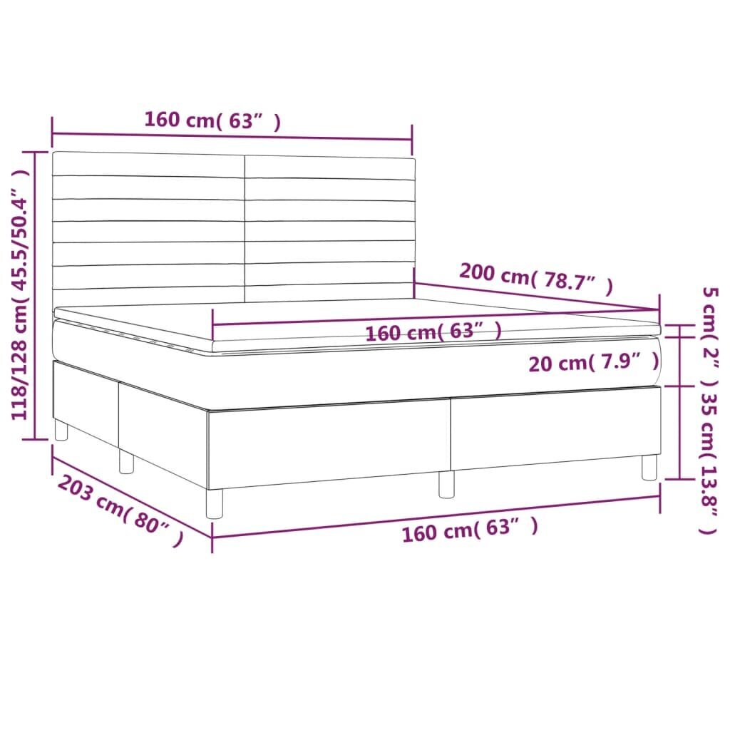 vidaXL atsperu gulta ar matraci, LED, tumši pelēks samts, 160x200 cm cena un informācija | Gultas | 220.lv