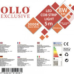 COB LED LENTE 12V / 8W/m / 3000K / WW - silti balta / 800lm/m / CRI >90 / DIMMABLE / IP20 / VISIONAL OLLO / 5m iepakojumā цена и информация | Светодиодные ленты | 220.lv