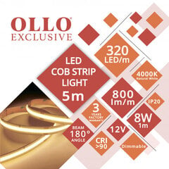 LED COB lente 12V / 8W/m / 4000K / NW - neitrāli balta / 800lm/m / CRI >90 / DIMMABLE / IP20 / OLLO / 5m iepakojumā цена и информация | Светодиодные ленты | 220.lv