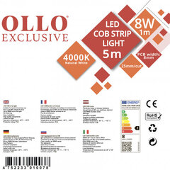 LED COB lente 12V / 8W/m / 4000K / NW - neitrāli balta / 800lm/m / CRI >90 / DIMMABLE / IP20 / OLLO / 5m iepakojumā цена и информация | Светодиодные ленты | 220.lv