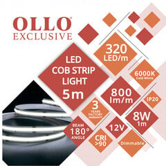 LED COB lente 12V / 8W/m / 6000K / CW - auksti balts / 800lm/m / CRI >90 / DIMMABLE / IP20 / OLLO / 5m iepakojumā цена и информация | Светодиодные ленты | 220.lv