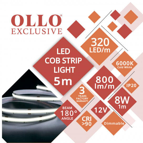 LED COB lente 12V / 8W/m / 6000K / CW - auksti balts / 800lm/m / CRI >90 / DIMMABLE / IP20 / OLLO / 5m iepakojumā cena un informācija | LED lentes | 220.lv