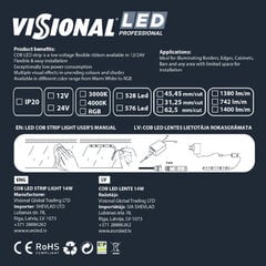 LED COB LENTE 24V / 14W/m / 3000K / WW - silti balta / 1400 LM/m / CRI >97 / DIMMABLE / IP20 / VISIONAL PROFESSIONAL / 5m iepakojumā cena un informācija | Visional Mājai un remontam | 220.lv