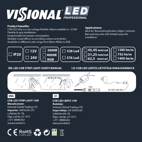 LED COB LENTE 24V / 14W/m / 4000K / NW - neitrāli balta / 1400 LM/m / CRI >97 / DIMMABLE / IP20 / VISIONAL PROFESSIONAL / 5m iepakojumā cena un informācija | LED lentes | 220.lv