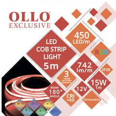 LED COB lente 12V / 15W/m / RGB - daudzkrāsaina / 742lm/m / CRI >90 / DIMMABLE / IP20 / OLLO / 5m iepakojumā цена и информация | Светодиодные ленты | 220.lv