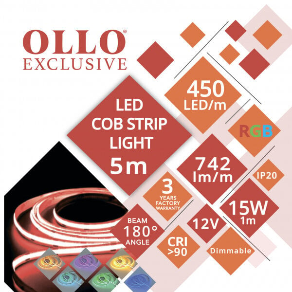 LED COB lente 12V / 15W/m / RGB - daudzkrāsaina / 742lm/m / CRI >90 / DIMMABLE / IP20 / OLLO / 5m iepakojumā cena un informācija | LED lentes | 220.lv