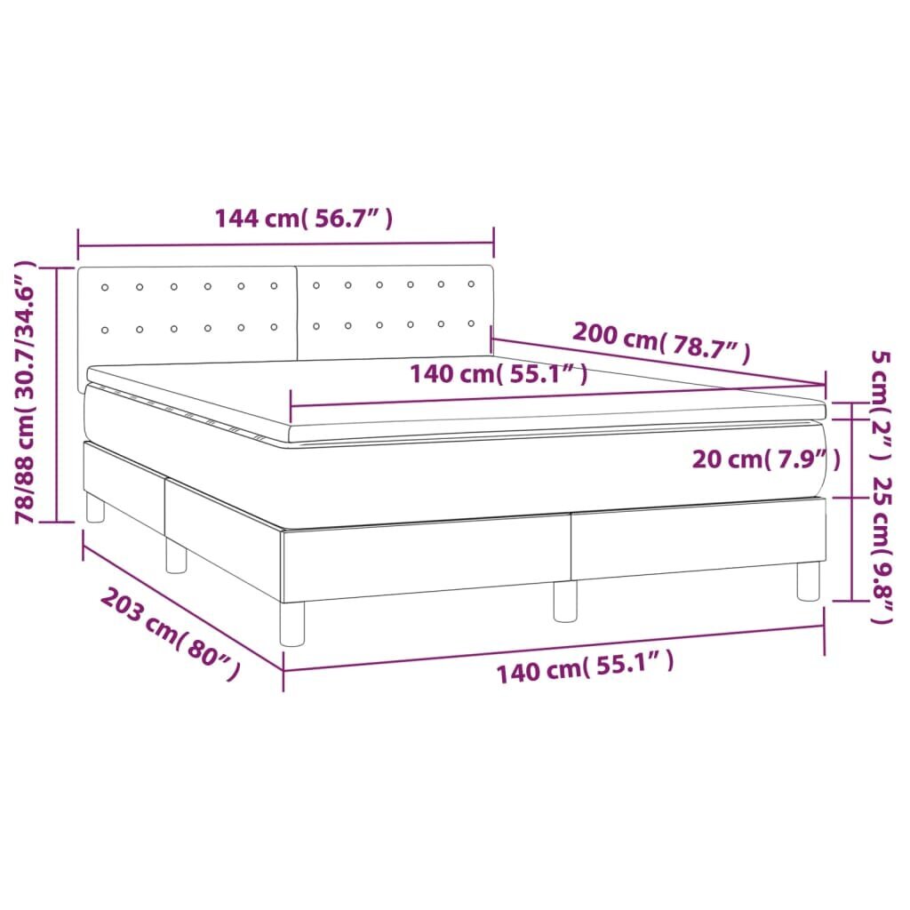 vidaXL atsperu gulta ar matraci, LED, tumši brūns audums, 140x200 cm cena un informācija | Gultas | 220.lv