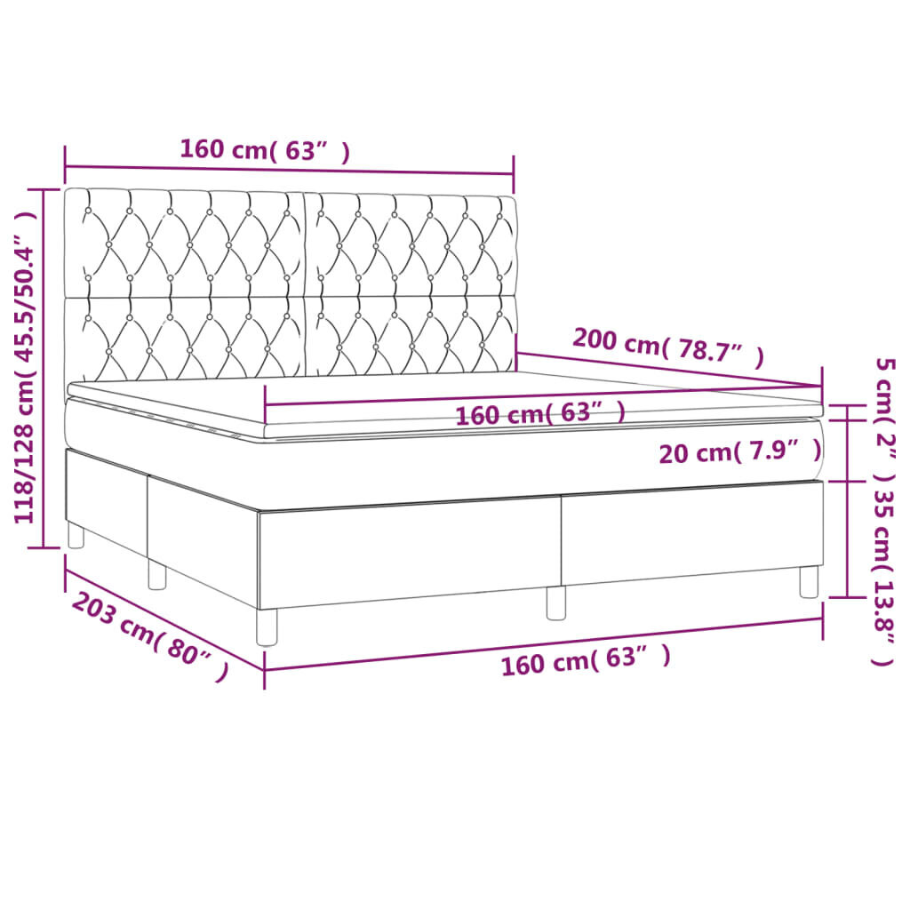 vidaXL atsperu gulta ar matraci, LED, tumši brūns audums, 160x200 cm cena un informācija | Gultas | 220.lv