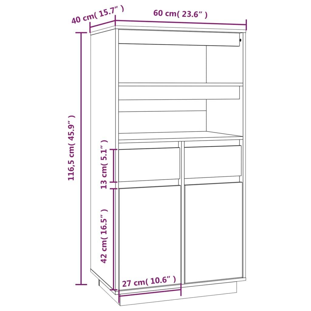 vidaXL augstais skapītis, brūns, 60x40x116,5 cm, priedes masīvkoks cena un informācija | Kumodes | 220.lv