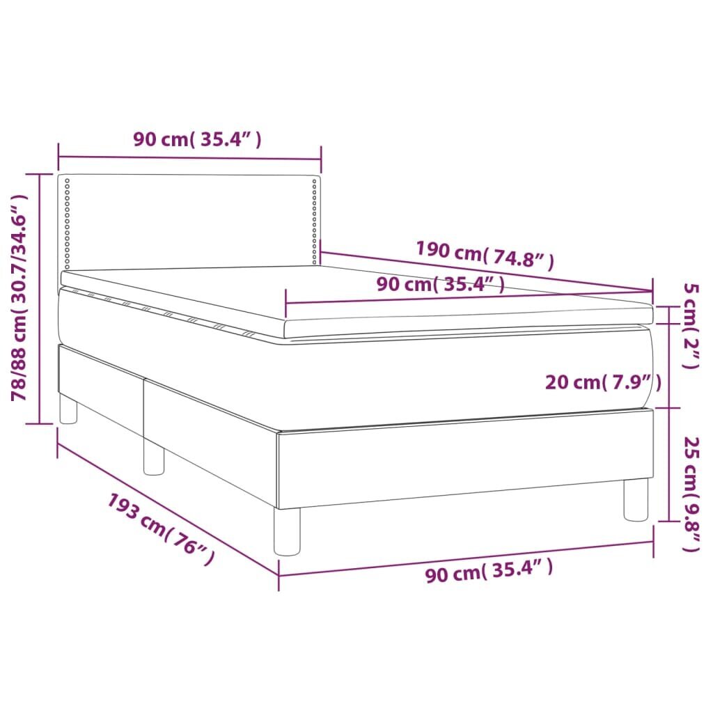 vidaXL atsperu gulta ar matraci, pelēka, 90x190 cm, mākslīgā āda cena un informācija | Gultas | 220.lv