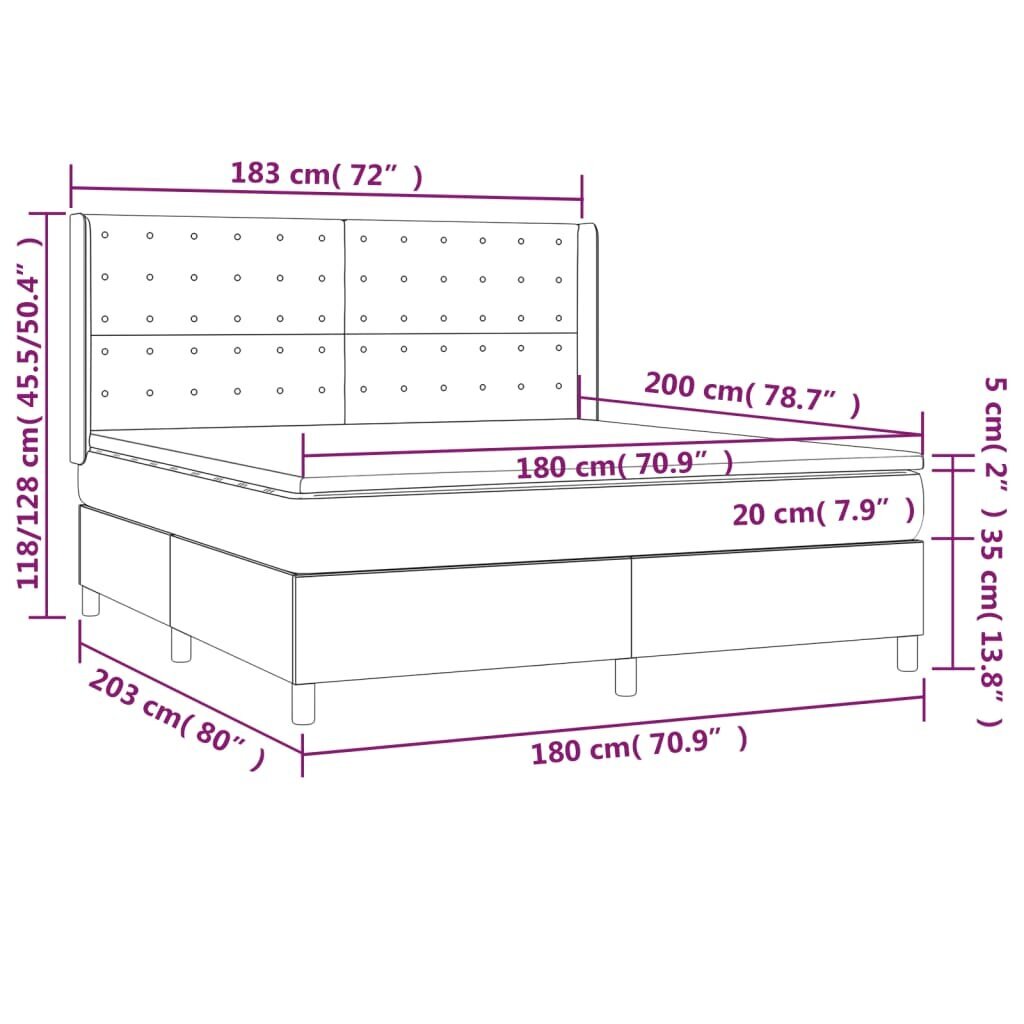 Atsperu gulta ar matraci un LED gaismām vidaXL, 180x200 cm, balts cena un informācija | Gultas | 220.lv