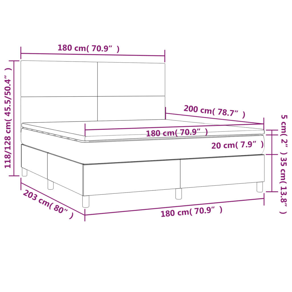 Atsperu gulta ar matraci un LED gaismām vidaXL, 180x200 cm, melns cena un informācija | Gultas | 220.lv