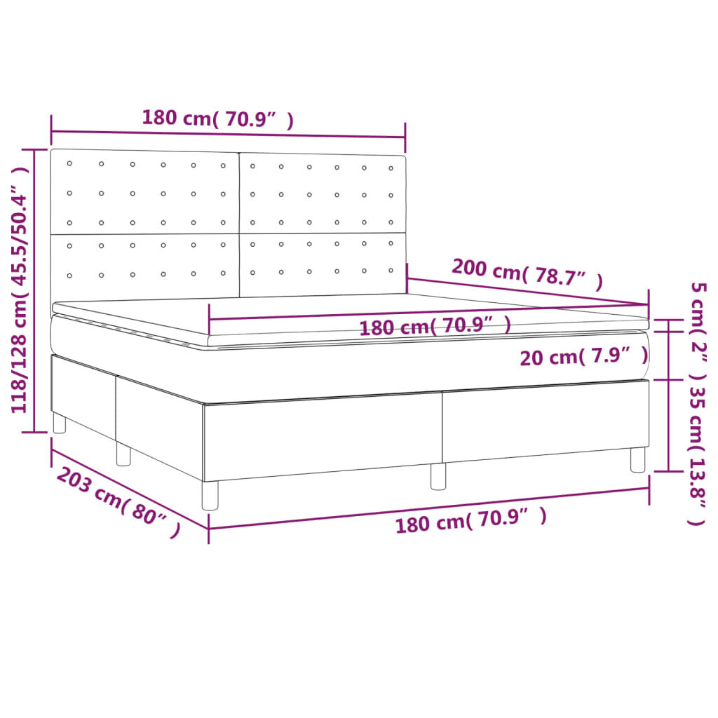 Atsperu gulta ar matraci un LED gaismām vidaXL, 180x200 cm, gaiši pelēks cena un informācija | Gultas | 220.lv