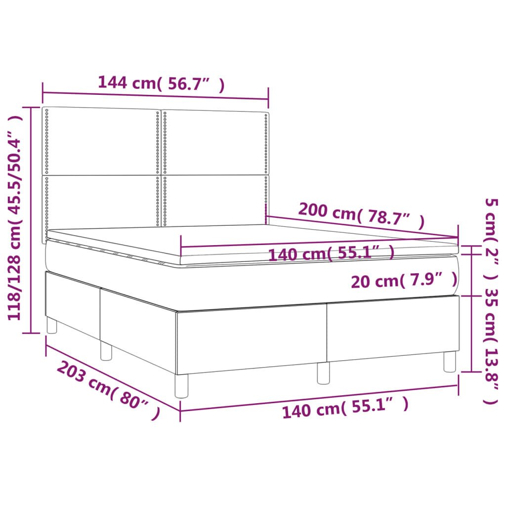 vidaXL atsperu gulta ar matraci, LED, balta, 140x200 cm, mākslīgā āda cena un informācija | Gultas | 220.lv