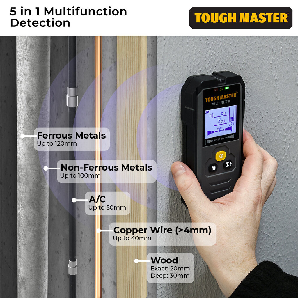 Digitālais sienas skeneris, Metāla, koka, vadu detektors TOUGH MASTER® TM-WD100 цена и информация | Rokas instrumenti | 220.lv