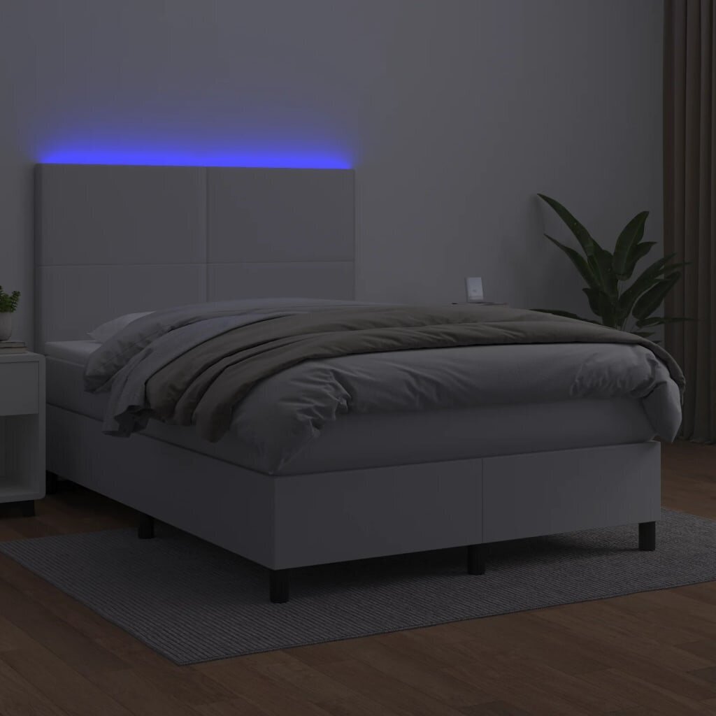 vidaXL atsperu gulta ar matraci, LED, balta, 140x200 cm, mākslīgā āda cena un informācija | Gultas | 220.lv