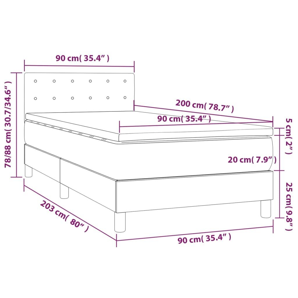 vidaXL atsperu gulta ar matraci, LED, balta, 90x200 cm, mākslīgā āda cena un informācija | Gultas | 220.lv