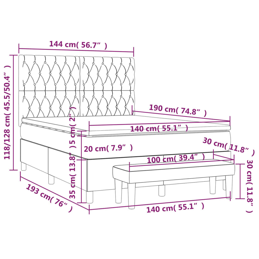 vidaXL atsperu gulta ar matraci, melna samts, 140x190 cm цена и информация | Gultas | 220.lv